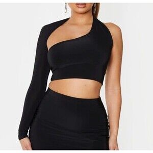 Black One Shoulder Asymmetric Crop Top - Size 0